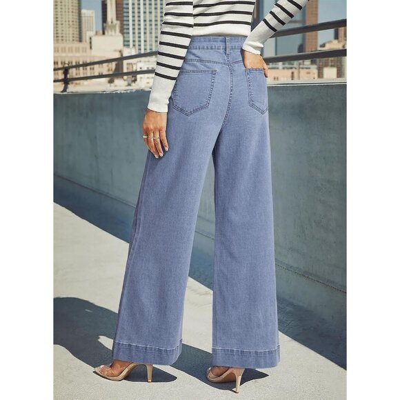 Women Beau Blue High Waisted Wide Leg Denim Jean Stretchy Loose Pant with Pocket - Picture 5 of 6